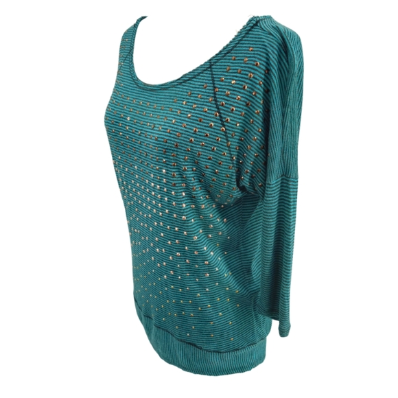 BUCKLE Daytrip Tunic Top Women's M Metallic Stud Embellished Green Black Stripe - Picture 12 of 12